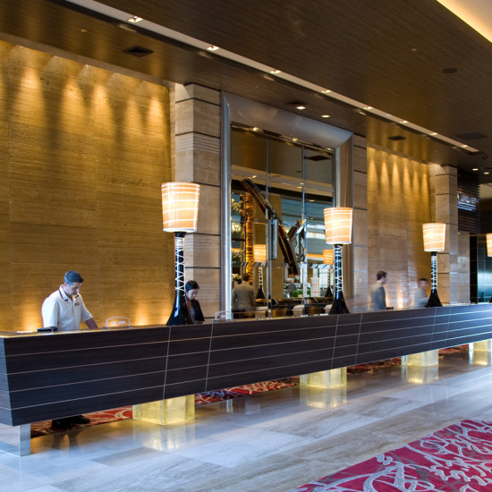 Cut Terrazzo Stone Water Walls behind Registration Desk, M Resort, Las Vegas, NV.