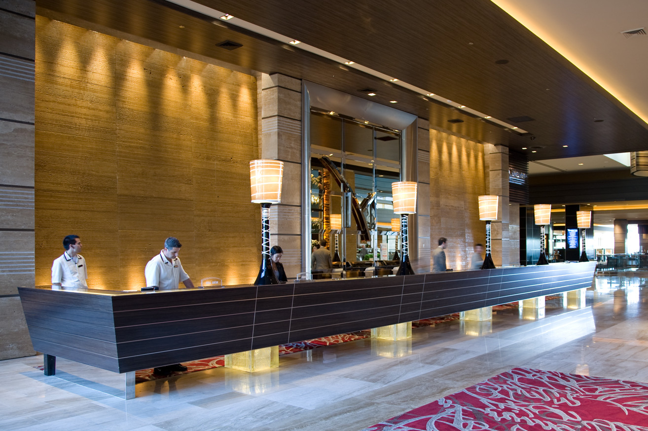 Cut Terrazzo Stone Water Walls behind Registration Desk, M Resort, Las Vegas, NV.