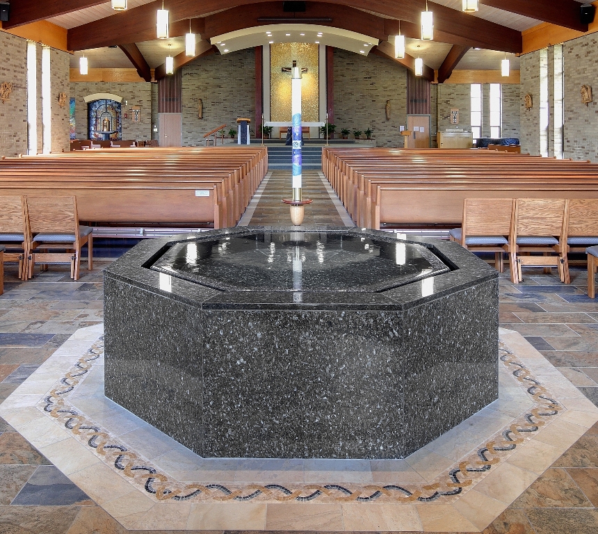 Hexagonal negative edge baptismal font, St. Joseph's, Penfield, NY.