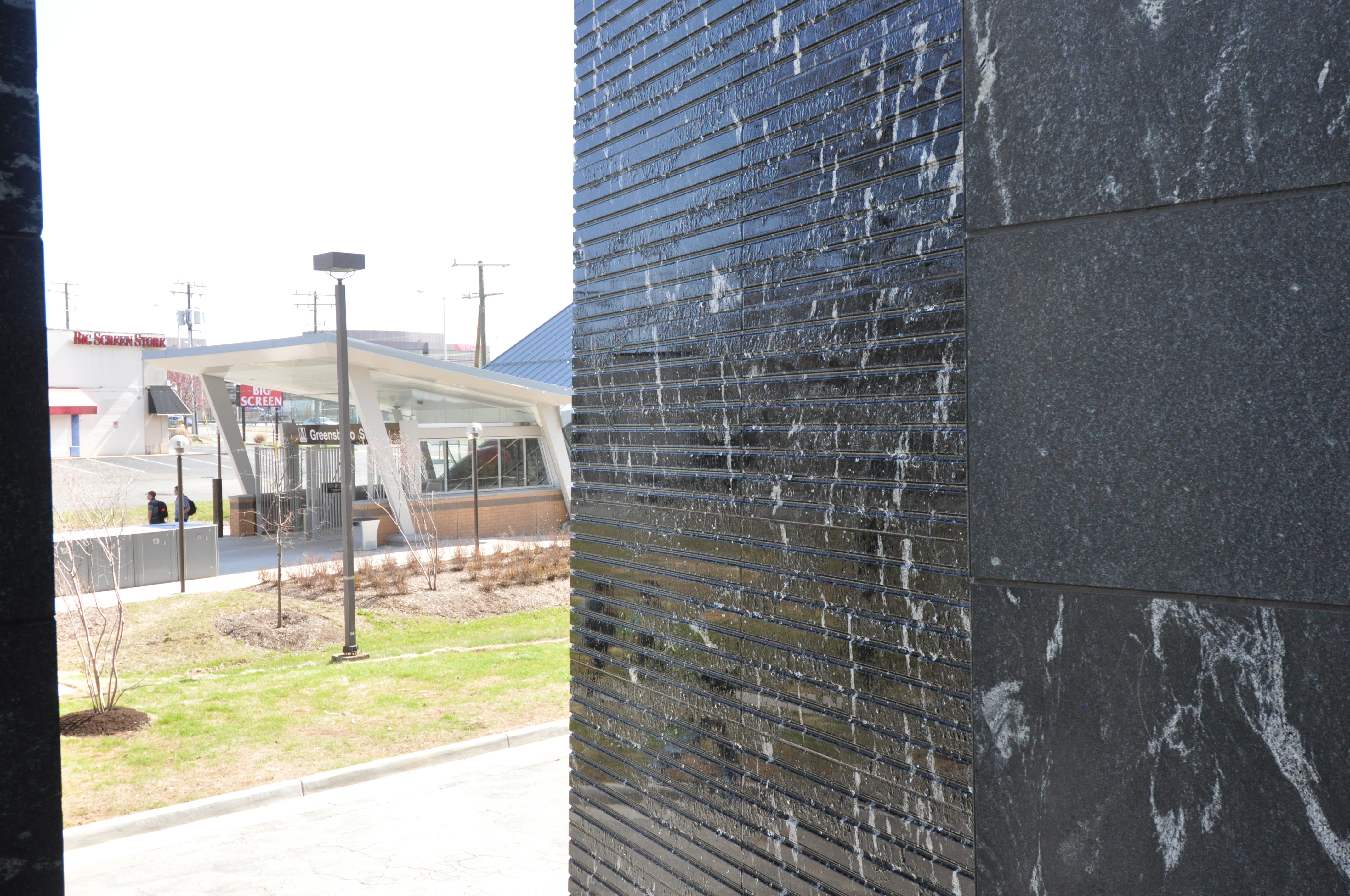 23ft Tall Cut Granite Water Wall, Greensboro Station, McLean, VA. Design by Smith Group JJR.