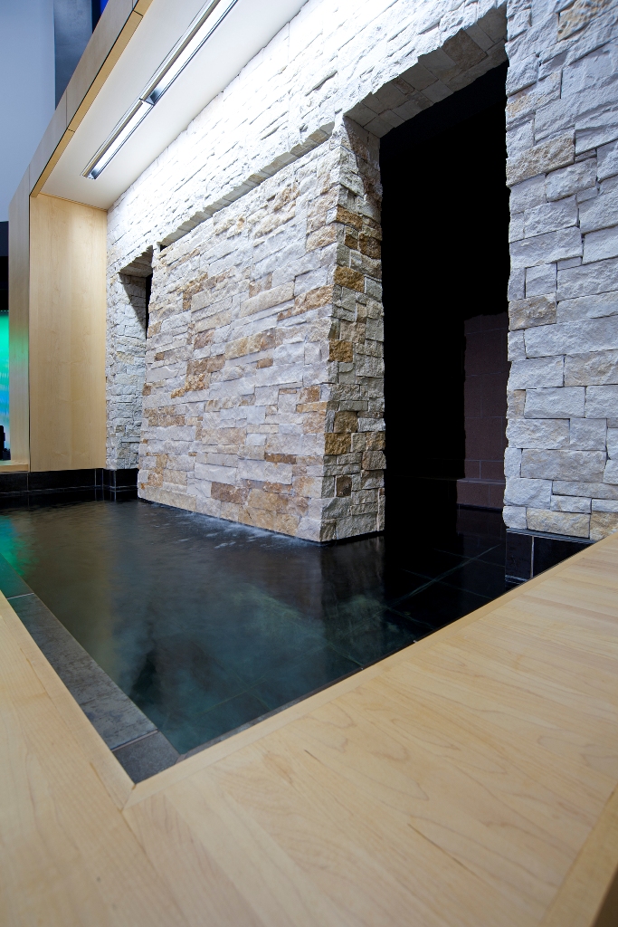 Natural stone water wall flowing into immersion pool, The Hills Church of Christ, North Richmond Hills, TX