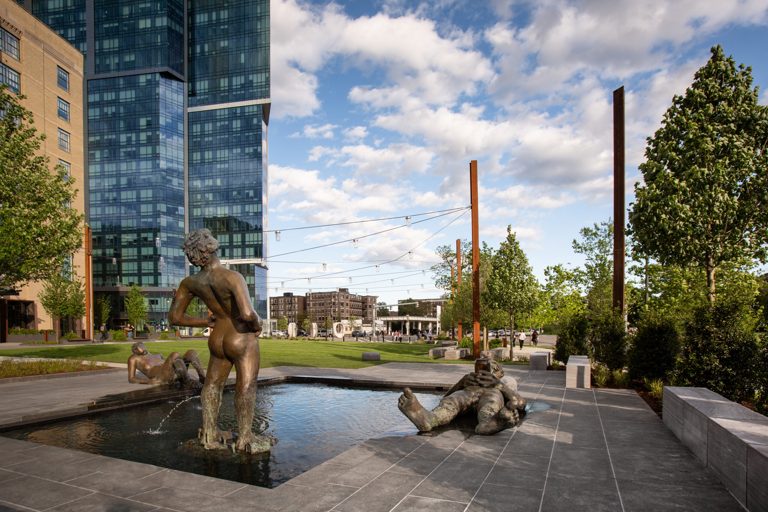 Outdoor Fountain Pool with Nicole Eisenman Bronze Sculptures, Landmark Center, Boston, MA. Park Design By Leblanc Jones Landscape Architects.