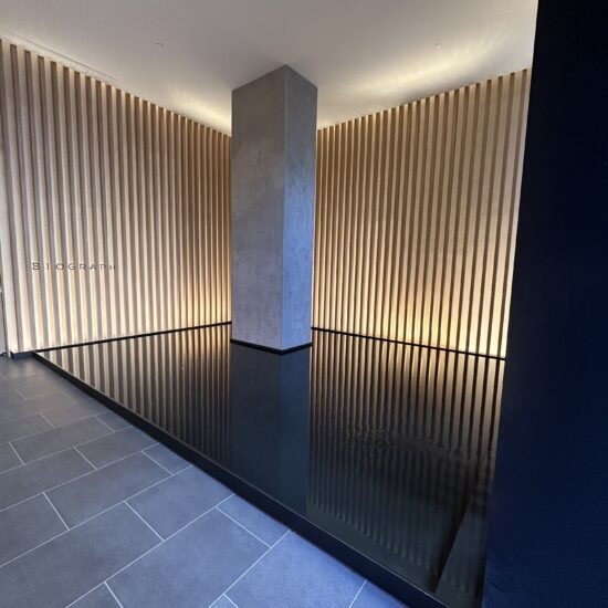 Entrance water feature reflecting pool with black interior, Biograph, NYC